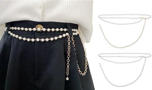 CCAIPU Chain Belts for Women, Pearl Adjustable Gold Metal Link Belt Retro Waist Chain Belt for Wedding Jeans Dress - 115cm