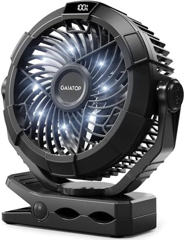 gaiatop Portable Camping Fan with LED Lights, 360°Rotation and Clip on for Desk, 4000mAh USB Rechargeable Battery Powered, Digital Display and Hanging Hook for Tent Outdoor Travel Bedroom Black