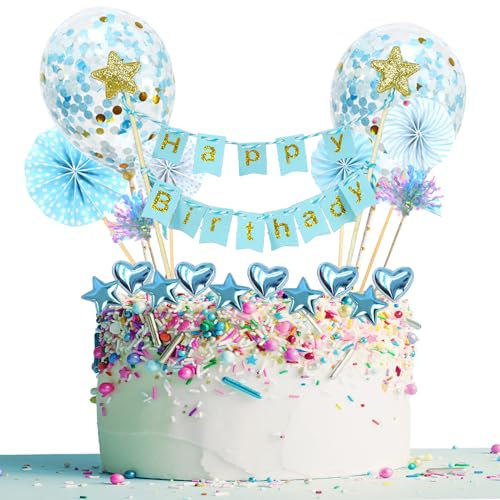 JSTC Tortendeko Happy Birthday Torten Deko, 20 Stück Cake Topper Geburtstag Junge, Kuchendekoration Kuchendeko mit Sternen Liebe Konfetti Luftballons und Papierfächer für Kindergeburtstag.