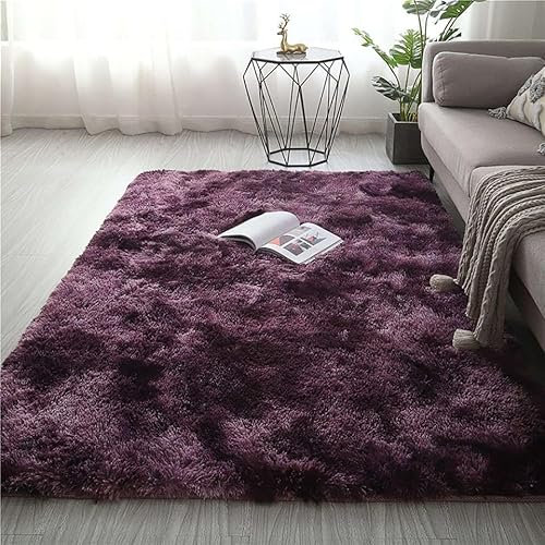 GGBOND Tappeto shaggy extra large, 4 cm, morbido e tie-dye, per soggiorno, camera da letto, comodino, antiscivolo, lavabile, viola, 160 x 230 cm