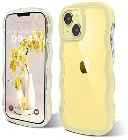 ORDA for iPhone 15 Case Cute Wave Frame Curly Shape Shockproof Hard PC Phone Cover for Women and Girls Compatible with for iPhone 15 6.1 inchs Yellow