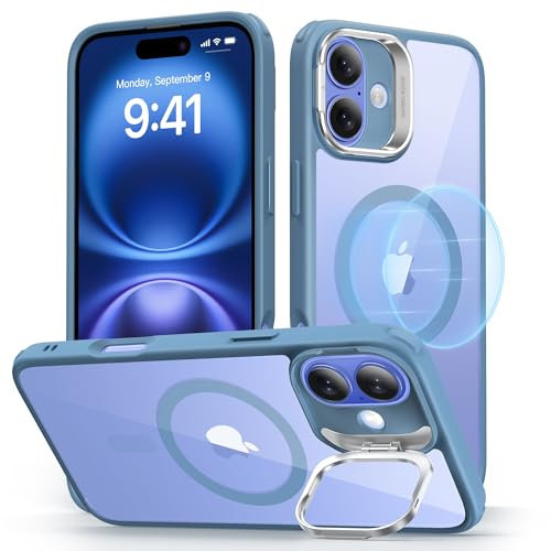 ESR for iPhone 16 Case, Compatible with MagSafe, Military-Grade Protective Case, Built-In Stash Stand Phone Case, Scratch-Resistant Back Cover, Classic Series, Clear Blue