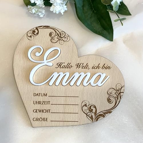 Personalisierte Herz, Holzschild mit Name und Blumen, Hallo Welt, Holz Herz Plakette, Babygeschenk Geburt, Geburtsanzeige Baby-Ankündigung Schild, Geschenk zur Geburt, Baby Namensschild (Design 5)
