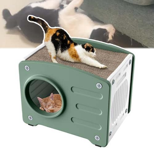 NAIZY Katzenhaus mit Katzenkratzbrett, PP Katzenhütte Indoor-Outdoor Winterfest Katzenmöbel Katzenhöhle belüftet Katzenschrank für Katze, Grün