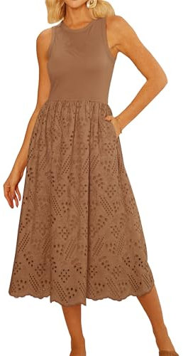 GRACE KARIN Strand-Sonntagskleider für Frauen Ärmelloses Tankkleid Sommer Casual Empire-Taille Kleid Braun Midi Kleid Solid XL