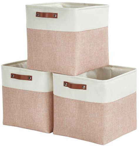 Mangata Collapsible Storage Cube Boxes, 25CM Cube Linen Woven Fabric Storage Baskets with Leather Handles 3PCS(Pink and White)