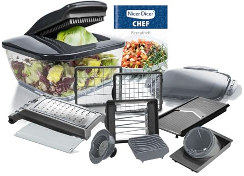 Nicer Dicer Chef Gemüseschneider 15.tlg, Gemüsehobel Zwiebelschneider, Salatschneider, Würfelschneider Pommesschneider Wellenschneider, Multizerkleiner für Obst Gemüse Küchehelfer mit Rezept
