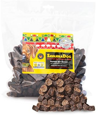SavannaDog Happen mit Mango 800g - Hunde Leckerlis getreidefrei & hypoallergen, Leckereien für Hunde mit Straußenfleisch, Hundeleckerli mit wertvollen Ballaststoffen