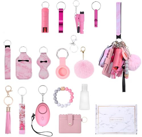 Ankilo Selbstverteidigung Schlüsselanhänger Set Frauen mit Persönlicher Alarm, Sicherheits Schlüsselanhänger Set mit, Pfeife und Pom Pom, Self Defense Keychain Geschenke 17PCS für Frauen