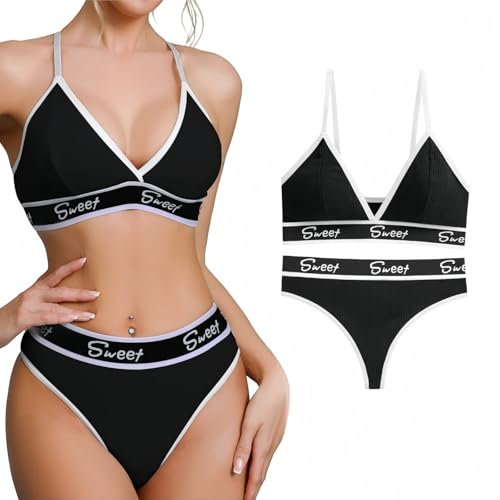 SamHeng Women’s Sports Bra and Briefs Underwear Set Unpadded Cotton Bralette Brief Set Wire Free Seamless Yoga Fitness Exercise Training Bras Tops, Black/M