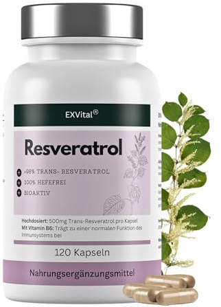 EXVital® Resveratrol Kapseln, 98% Trans-Resveratrol, 500mg pro Kapsel, 120 vegane Kapseln, vegan & ohne Zusätze, laborgeprüft