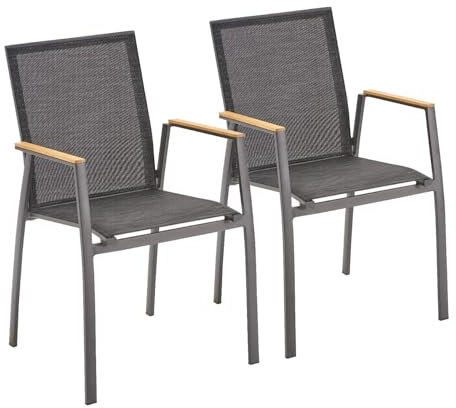 Liadomo Gartenstuhl 2er-Set Pellaro - 2 Stück Stapelstuhl - Teakholz-Armlehnen - fertig montiert - Alu-Gestell - Textilen - wetterfest - stapelbar - für Garten, Terrasse, Balkon
