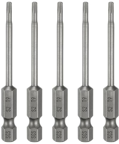 sourcing map 5pcs T9 Torx Head Screwdriver Bit 1/4 Hex Shank 2.6 (65mm) Long Magnetic No Hole Tip Tamper Proof 6 Point Star Screw Driver Drill Bits S2 Steel Industrial Power Screwdrivers