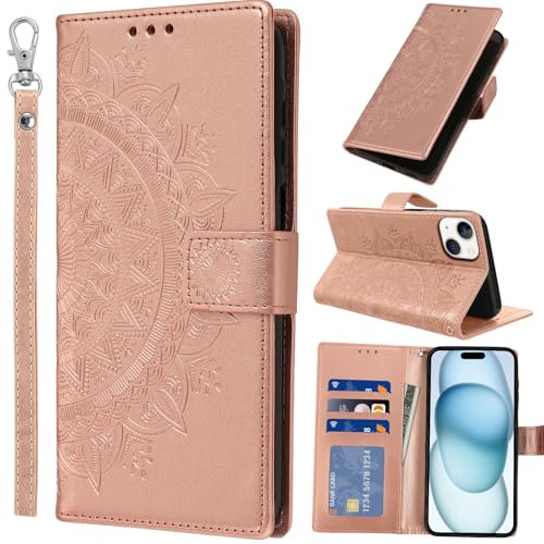 Pnakqil Coque pour Apple iPhone 15 avec Dragonne Portable, Téléphone Etui Protection, Pochette Portefeuille Porte-Cartes Support Rabat Cuir PU Magnétique Étui avec TPU Phone Housse, Or Rose