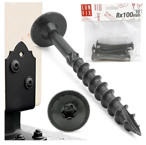 Torx Lot de 10 vis de support de poteau, 8 x 100 mm, à tête plate, galvanisées, noires, à tête plate, pour connecteurs Lun Fix – Auto-taraudeuses et protégées contre la rouille