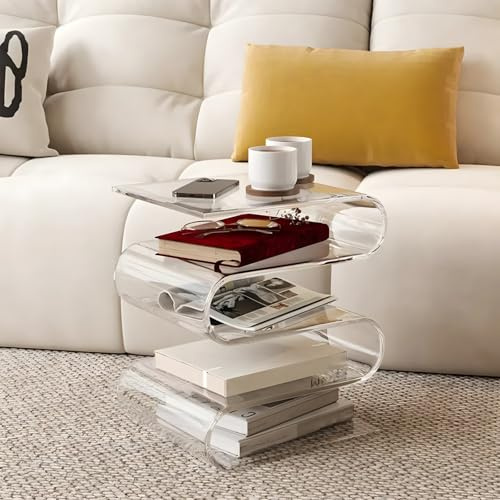 MOYIDUE S FöRmiger Beistelltisch Aus Acryl, Durchsichtiger Zeitschriftenhalter, 5-Stufiger Couchtisch, Eleganter Nachttisch, Beistelltisch Aus Acryl Mit PersöNlichkeit FüR Wohnzimmer,Clear