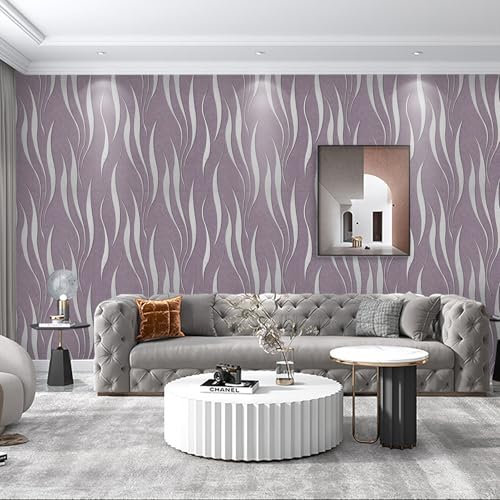 Tarwanear Purple Wallpaper 3D Wave Stripe Glitter Wallpaper Abstract Curve Wave Purple Wall Paper Roll Modern Embossed Flocking Wall Paper for Living Room Bedroom Hallway