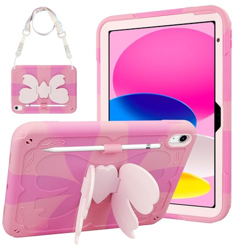 Vunake for iPad A16 Case 11th Generation 11 Inch 2025,for iPad 10th Generation Case10.9 Inch 2022 Heavy Duty Protective Case with Butterfly Bow Kickstand & Strap for Kids Girls-Rose Pink