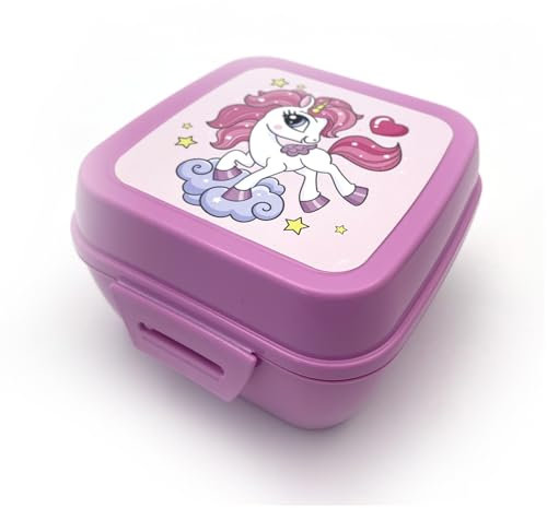 Fackelmann Lunch Box Quadrato Unicorni 1.43L, 13,5x12,5x8,5 cm - Portamerenda Bambini in PP con Clip - Ideale Scuola, Gite -Contenitore merenda, Lavaggio a Mano, Linea Mini Cooking