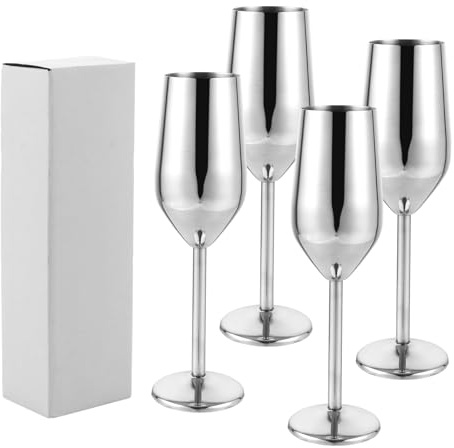 LOLYSIC 4 Stück Edelstahl Weingläser 210 ML Sektgläser Hochzeit, Weingläser Camping Gläser, Rotweingläser Bisphenol A Frei, Cocktailgläser für Jubiläen Hochzeit Geburtstag Picknick Party (Silbrig)