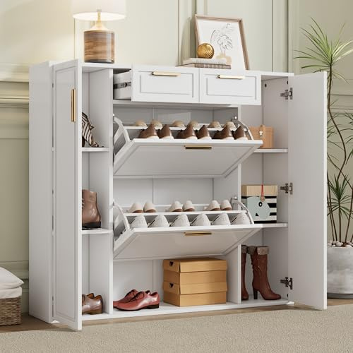 Rvjiahe Moderne Schuhschrank, mit verstellbaren Regalen | goldenen Griffen, 2 Schubladen, Klappschuhschrank und 2 Türen, weiß, B120/D24/H107 CM (120 × 24 × 107cm)