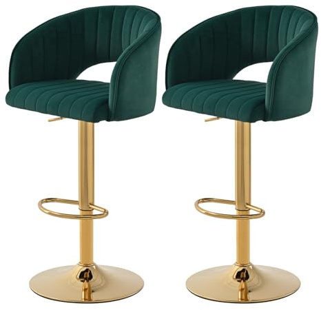 Set di 2 sgabelli da bar in velluto, regolabili in altezza, con schienale e braccioli, girevole a 360°, sgabello da cucina, sedia da barbiere, poggiapiedi dorati, per sala da pranzo, isola(2,Smeraldo)