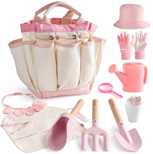 ROBUD Juego de herramientas de jardinería para niños, kit de herramientas de jardín de 17 piezas con regadera, tenedor y pala de jardín, cuchara cilíndrica, guantes de jardinería, delantal, sombrero
