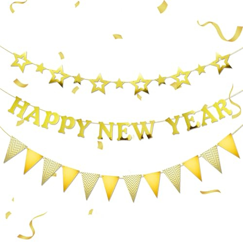 Happy New Year Girlande Silvester Deko 2026 Gold, Glitzer Silvester Deko 2026 Girlande Banner, Neujahr Deko 2026 Kranz für Silvesternacht Dekoration,2026 Silvesternacht Party Deko Zubehör