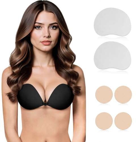 Septeamay Klebe BH mit Aufkleber zur Bruststraffung, Unsichtbarer Sticky Bra Push Up Trägerloser für Frauen, Klebe-BH Push Up Waschbar & Wiederverwendbar für Rückenfreie Kleid Brautkleid -C, Schwarz