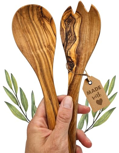 Lunexus Salatbesteck Olivenholz 32 cm - Set Salatlöffel & Gabel | Massives Olivenholz aus Bethlehem, Naturprodukt mit Maserung - für große Schüsseln, Servieren & Anrichten