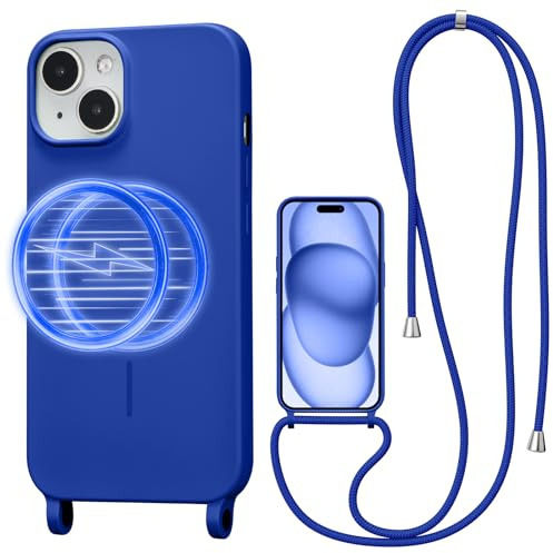 UCASONG Magnetic Case for iPhone 14 Plus/15 Plus with Lanyard, Royal Blue | Compatible with MagSafe, Crossbody Liquid Silicone Case, Soft Shockproof Protective Cover, with Adjustable Neck Cord Strap