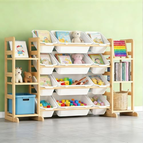 Sideroly Toy Storage Organizer with Bookshelf for Room Decor&Organization | Wooden Toys Storage Unit with 6 Shelves and 12 Toy Bins,Kids Toy Box Cabinet Bookcase for Kids Rooms,Playroom,Nursery Bedroom