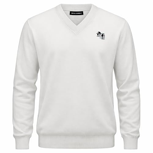 Mega_Jumble Men’s White V-Neck Long Sleeve Bowling Sweater Knitted Jumper with Bowl Logo Lightweight Breathable Soft Knit Pullover Top for Men S-XXL