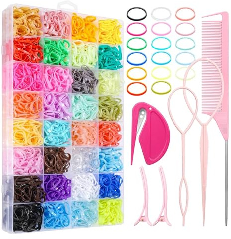 Caelura 2000 Stück Haargummis Klein, 32 Farben Mini haargummis, Bunte Haargummi Set mit Styling Tools, Haaraccessoires, Haargummi Mädchen für Feines Haar und Haarflechten