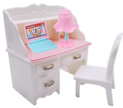 QSTDGVPW Schreibtisch Und Stuhlset für Puppenhäuser Im Maßstab 1:6, Mini Möbel Dekorationsmodell, Puppenhaus Dekorationszubehör, mit Laptop