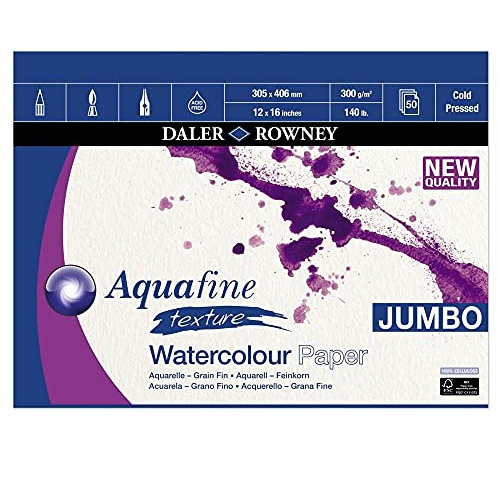 Daler-Rowney Aquafine Texturiertes kaltgepresstes Aquarell- und Gouache-Aquarellpapier, 300 g/m², 406 x 305 mm, einseitig geklebt, Naturweiß, 50 Blatt, ideal für Profis und Anfänger, säurefrei.