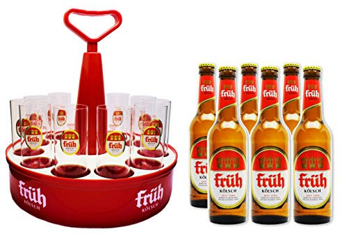 Riesen Früh Kölsch Vielfalt mit 6x0,33 L Bierflasche Kölsch und einem original Kölschtablett mit 11 Stück Gläser