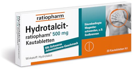 Hydrotalcit-ratiopharm 500 mg Kautabletten, 20 Stück, bei Sodbrennen | Schnelle Linderung von säurebedingten Magenbeschwerden wie Sodbrennen
