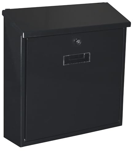 Perel Briefkasten Monaco, Wandbriefkasten für Außen, Wandmontage, mit Namensschild, Schlüsselschloss, abschließbar inkl. 2 Schlüssel, verzinkter Stahl, 36.8 x 36.5 x 10 cm, schwarz