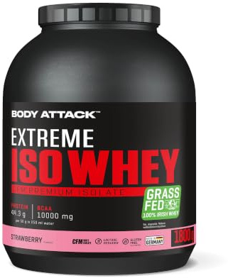 Body Attack Extreme Iso Whey Strawberry 1,8 kg | CFM Whey, 100% irischer Weidemilch, glutenfrei, reich an EAAs, perfekt löslich, fettarm, ohne Aspartam, 90,6% Isolat-Anteil