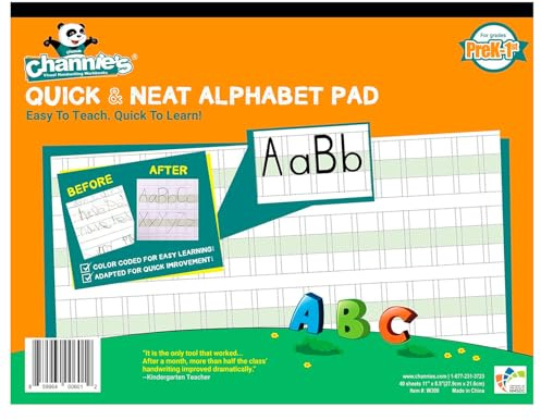 Channie’s Quick & Neat Alphabet Writing Pad, Practice Handwriting & Printing Workbook, 80 Pages Front & Back, 40 Sheets, Grades PreK – 1st, Size 8.5” x 11” Summer School, Summer Bridge