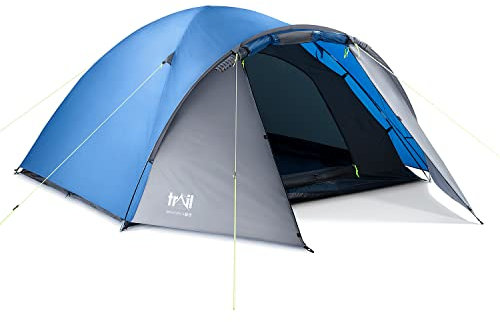 Trail Bracken 4 Man Tent With Porch, 3000mm Waterproof Rating, Double Skin Dome Tent with Darkened Bedroom, Lightweight for Camping and Festivals, Bag Included (360cm x 240cm x 130cm)