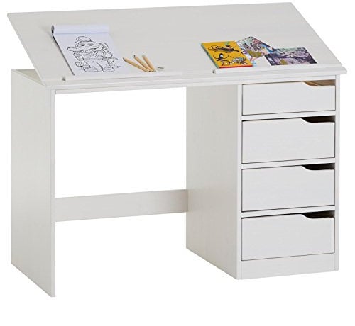 IDIMEX Kinderschreibtisch aus massiver Kiefer in weiß, praktischer Schreibtisch mit neigungsverstellbarer Tischplatte, schöner Jugendschreibtisch mit 4 Schubladen