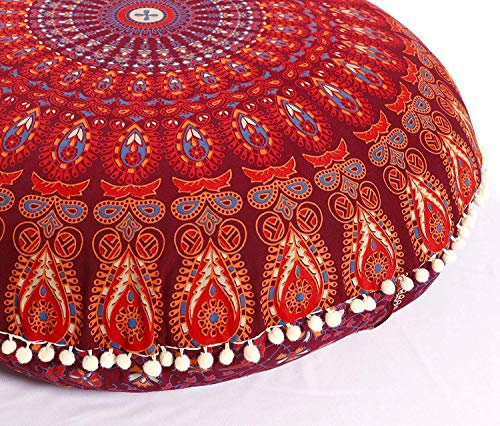 Popular Handicrafts Bodenkissenbezug – Hippie-Mandala-Kissenbezug groß mit Pompons weichen Partikeln – Pouf Bezug rund böhmische Yoga-Dekoration, 61 cm, mehrfarbig Kastanienbraun