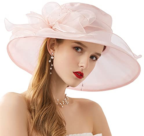 ZESLIV Sombrero de organza para mujer, para bodas, para bodas, para el sol, flores, verano, playa, paja, Rosa claro-02, 58