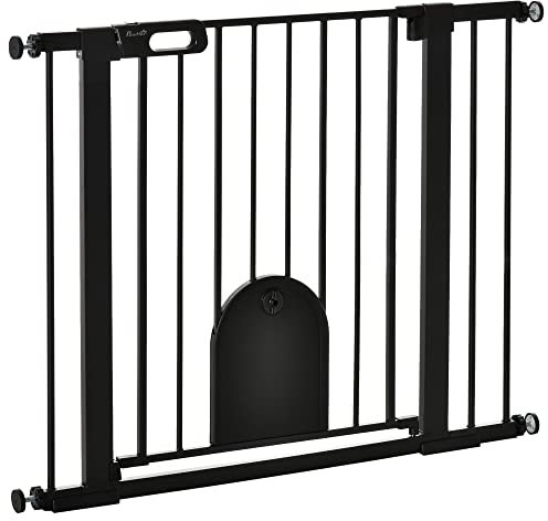 PawHut Barrera de Seguridad para Perros Mascotas 75-103 cm para Escaleras y Puertas con 2 Extensiones Cierre Automático y Sistema de Doble Bloqueo Negro