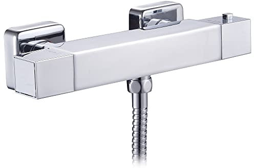 KINGBATH™ Square Thermostatic Exposed Shower Bar Valve Mixer Tap Faucet for Bathrooms Chromed Wall Mounted with G1/2 Bottom Outlet 38°C Safety Lock Anti Scald Solid Brass Modern Easy to Install