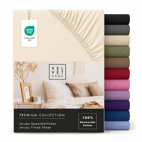 VelvetHome Spannbettlaken 90x200cm Jersey 100% Baumwolle, Ecru | Spannbetttuch 90x200 für Matratzen & Topper bis 25 cm, gekämmte Baumwolle, OEKO-TEX, weich atmungsaktiv bügelfrei elastisch