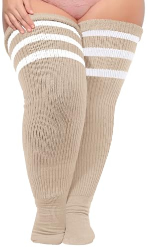 Moon Wood Womens Plus Size Thigh High Socks Extra Long Striped Thick Over the Knee Socks Leg Warmer Boot Stockings