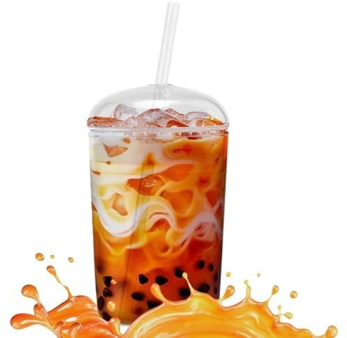 Maplefield Glass Tumbler with Dome Lid for Frappes, Smoothies & Iced Coffee - Dishwasher Safe Glass Tumbler with Straw - Spill-Resistant Iced Coffee Tumbler - Iced Coffee Cup - 16oz [Clear]